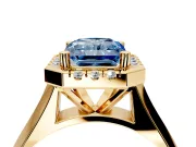 Halo Engagement Ring Setting for Fancy Blue Radiant Cut Center with Square Band and Prong Head in Yellow Gold