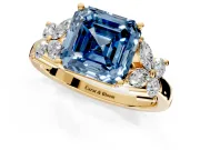 Floral Engagement Ring Setting for Fancy Blue Asscher Cut Center with Marquise Cluster Shoulders and Prong Head in Yellow Gold