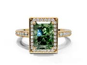 Halo Engagement Ring Setting for Fancy Green Radiant Cut Center with Metal-Rimmed Halo, Pave Band and Prong Head in Yellow Gold