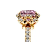 Halo Engagement Ring Setting for Fancy Pink Radiant Cut Center with Openwork Halo, Pave Band and Prong Head in Yellow Gold