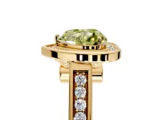 Halo Engagement Ring Setting for Fancy Yellow Heart-Shaped Center with Outer Bezel Rim, Pave Band and Prong Head in Yellow Gold