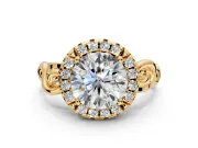 Halo Engagement Ring Setting for Round Cut Center with Open Scroll Shoulders and Prong Head in Yellow Gold