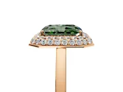 Halo Engagement Ring Setting for Fancy Green Radiant Cut Center with Plain Tapered Band and Prong Head in Rose Gold