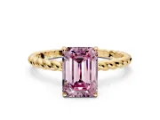 Solitaire Engagement Ring Setting for Fancy Pink Emerald Cut Center with Plain Twisted Rope Band and Prong Head in Yellow Gold