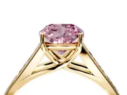 Solitaire Engagement Ring Setting for Fancy Pink Cushion Cut Center with Round Cut Channel Band and Prong Head in Yellow Gold