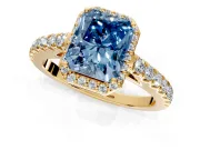 Halo Engagement Ring Setting for Fancy Blue Radiant Cut Center with Full Pave Band and Prong Head in Yellow Gold
