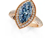Milgrain Halo Engagement Ring Setting for Fancy Blue Marquise Center with Three-Sided Pave Band and Prong Head in Rose Gold