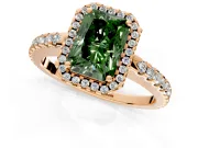Accent Halo Engagement Ring Setting for Fancy Green Radiant Cut Center with Full-Length Pave Band and Prong Head in Rose Gold