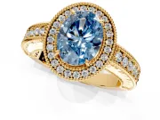 Milgrain Halo Engagement Ring Setting for Fancy Blue Oval Center with Pave Band and Prong Head in Yellow Gold