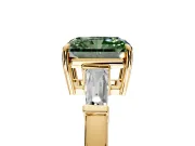 3 Stone Engagement Ring Setting for Fancy Green Radiant Cut Center with Baguette Accents and Prong Head in Yellow Gold