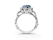 Halo Engagement Ring Setting for Fancy Blue Heart-Shaped Center with Open Scroll Shoulders and Prong Head in Sterling Silver