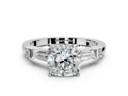 Bar-Set Engagement Ring Setting for Cushion Cut Center with Tapered Baguette Accents and Prong Head in Platinum