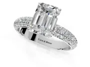 Solitaire Engagement Ring Setting for Emerald Cut Center with Domed Multi-Row Pave Band and Prong Head in Platinum