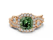 Milgrain Halo Engagement Ring Setting for Fancy Green Cushion Cut Center with Shoulder Bezels and Prong Head in Rose Gold