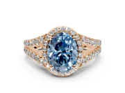 Halo Engagement Ring Setting for Fancy Blue Oval Center with Narrow Pave Split Shank and Prong Head in Rose Gold