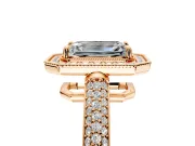 Milgrain Halo Engagement Ring Setting for Emerald Cut Center with Three-Sided Pave Band and Prong Head in Rose Gold