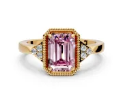 Cluster Engagement Ring Setting for Fancy Pink Emerald Cut Center with Milgrain Shoulder Clusters and Prong Head in Yellow Gold