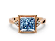 Cluster Engagement Ring Setting for Fancy Blue Princess Cut Center with Milgrain Shoulder Clusters and Prong Head in Rose Gold