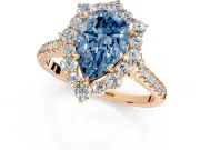 Halo Engagement Ring Setting for Fancy Blue Pear-Shaped Center with Single-Row Pave, Open Basket and Prong Head in Rose Gold
