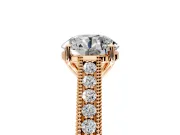 Solitaire Engagement Ring Setting for Round Cut Center with Engraved Pave Band and Prong Head in Rose Gold