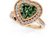 Halo Engagement Ring Setting for Fancy Green Heart-Shaped Center with Milgrain Frame, Pave Band and Prong Head in Rose Gold