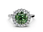 Single Halo Engagement Ring Setting for Fancy Green Round Cut Center with Corner Claws, Plain Band and Prong Head in Platinum