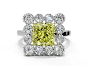 Cluster Halo Engagement Ring Setting for Fancy Yellow Princess Cut Center with Milgrain Bezel Accents and Prong Head in White Gold