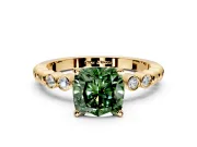 Solitaire Engagement Ring Setting for Fancy Green Cushion Cut Center with Bezel-Dot Beaded Band and Prong Head in Yellow Gold
