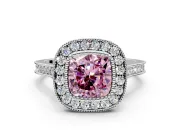 Halo Engagement Ring Setting for Fancy Pink Cushion Cut Center with Milgrain Frame, Pave Band and Prong Head in Platinum