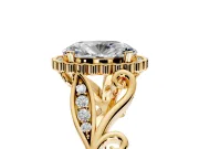 Halo Engagement Ring Setting for Oval Center with Leaf Motif Split Shank and Prong Head in Yellow Gold