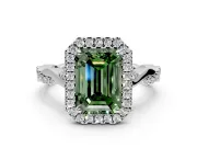 Halo Engagement Ring Setting for Fancy Green Emerald Cut Center with Twist Band and Prong Head in Platinum