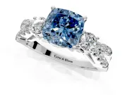 3 Stone Engagement Ring Setting for Fancy Blue Cushion Cut Center with Pave Split Shank and Prong Head in Sterling Silver