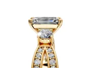 3 Stone Engagement Ring Setting for Emerald Cut Center with Pave Twist Band and Prong Head in Yellow Gold