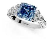 Cluster Engagement Ring Setting for Fancy Blue Asscher Cut Center with Bezel Accent Clusters and Prong Head in Sterling Silver