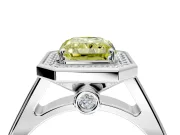 Halo Engagement Ring Setting for Fancy Yellow Radiant Cut Center with Outer Bezel Rim, Pave Band and Prong Head in Platinum