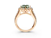 Large Accent Halo Engagement Ring Setting for Fancy Green Asscher Cut Center with Pave Split Shank and Prong Head in Rose Gold