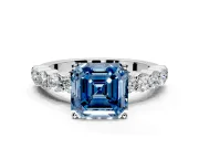 Shared-Prong Engagement Ring Setting for Fancy Blue Asscher Cut Center with Graduated Accents and Prong Head in Sterling Silver