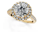 Halo Engagement Ring Setting for Round Cut Center with Raised Halo, Pave Band and Prong Head in Yellow Gold