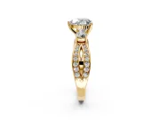 3 Stone Engagement Ring Setting for Heart-Shaped Center with Pave Twist Band and Prong Head in Yellow Gold