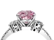 3 Stone Engagement Ring Setting for Fancy Pink Cushion Cut Center with Round Cut Side Accents and Prong Head in Sterling Silver