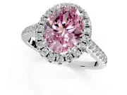 Halo Engagement Ring Setting for Fancy Pink Oval Center with Raised Halo, Pave Band and Prong Head in Platinum