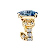 Leaf Motif Engagement Ring Setting for Fancy Blue Oval Center with Pave Band and Prong Head in Yellow Gold