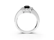 Halo Engagement Ring Setting for Fancy Black Emerald Cut Center with Milgrain Channel Band and Prong Head in White Gold