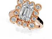 Cluster Halo Engagement Ring Setting for Emerald Cut Center with Milgrain Bezel Accents and Prong Head in Rose Gold