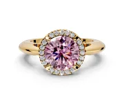 Halo Engagement Ring Setting for Fancy Pink Round Cut Center with Tapered Plain Band and Prong Head in Yellow Gold
