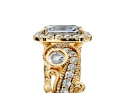 Milgrain Halo Engagement Ring Setting for Emerald Cut Center with Shoulder Bezels and Prong Head in Yellow Gold