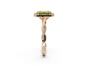 Halo Engagement Ring Setting for Fancy Yellow Emerald Cut Center with Twist Band and Prong Head in Rose Gold