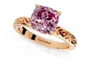 Solitaire Engagement Ring Setting for Fancy Pink Cushion Cut Center with Scrollwork Band and Prong Head in Rose Gold