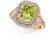 Double Halo Engagement Ring Setting for Fancy Yellow Radiant Cut Center with Narrow Pave Split Shank and Prong Head in Rose Gold