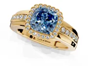 Halo Engagement Ring Setting for Fancy Blue Cushion Cut Center with Wide Band, Inlaid Accent Row and Prong Head in Yellow Gold